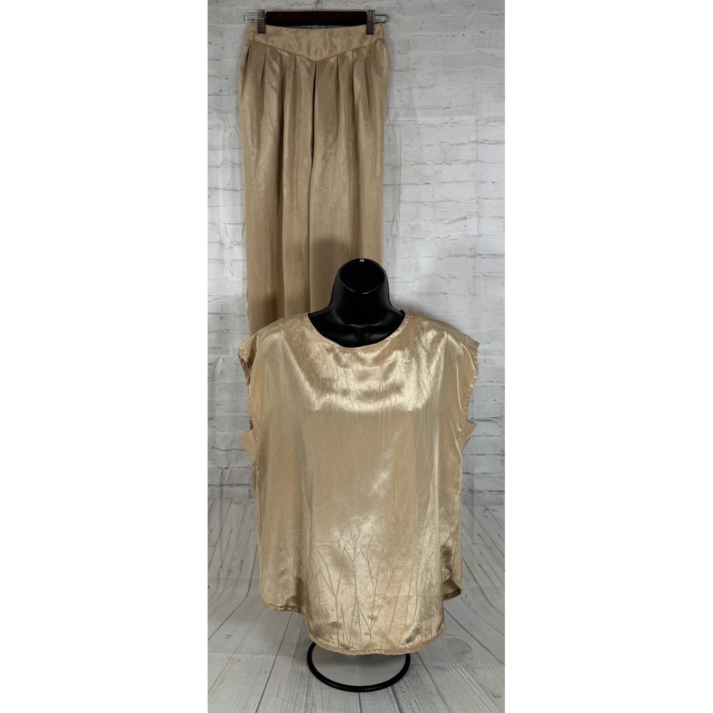 Women M Vintage Blouse Pant Set Gold Silk Blend Holiday Evening Glam Party
